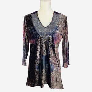 Y2K Velvet Babydoll Tunic Top Women's M Sequin V Neck Lace Whimsygoth Fairy